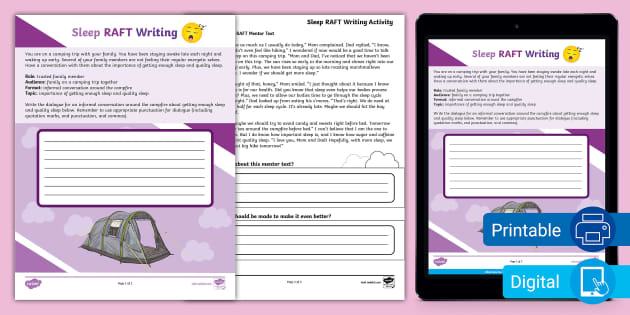 Sleep RAFT Writing Activity for 3rd-5th Grade (teacher made)