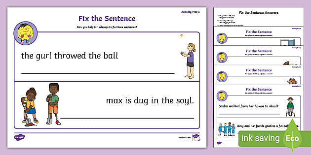 Fix the Sentence Worksheet Pack English Resource Twinkl