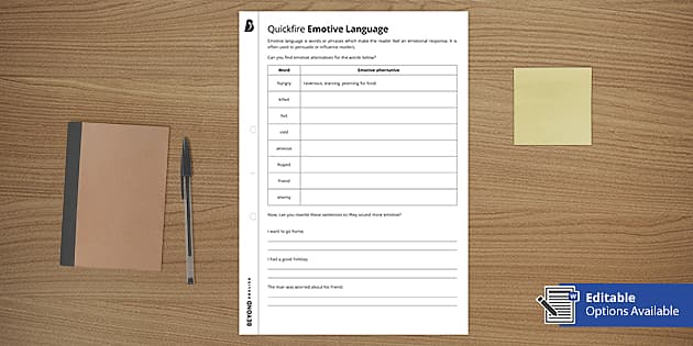 Quick fire Emotive Language Worksheet English Year 7 10