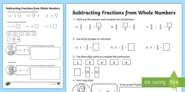 Subtracting Fractions From Whole Numbers Worksheet Twinkl