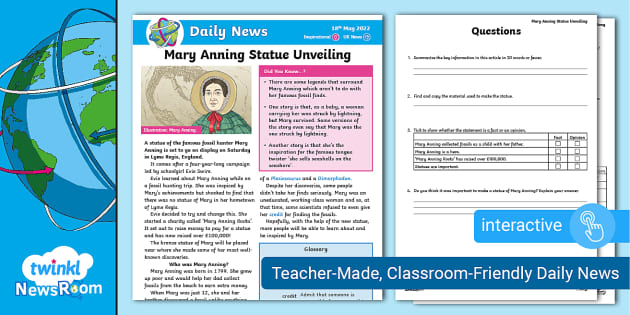 Daily Child's News Story - Mary Anning Statue (ages 7-9)