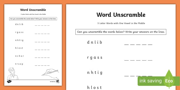 Unscramble The 5 Letter Words With One Vowel In The Middle Worksheet