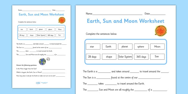 earth sun and moon worksheet worksheet pack worksheets worksheet