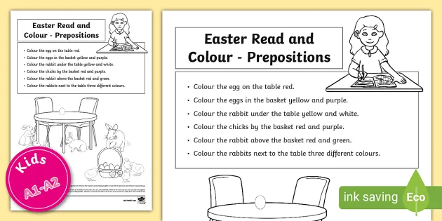 Esl Easter Read And Colour - Prepositions Kids A1-A2 Twinkl