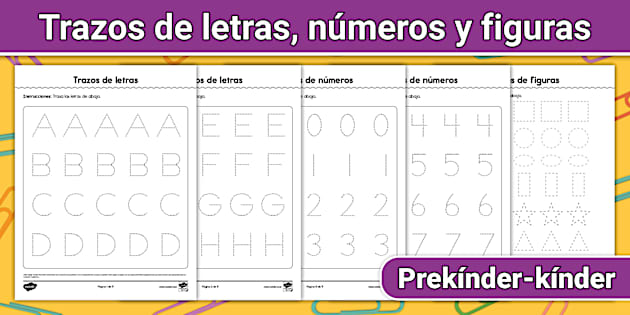 Spanish Numbers Practic Hoja de trabajo de trazo de letras, números y figuras para prekínder y ...
