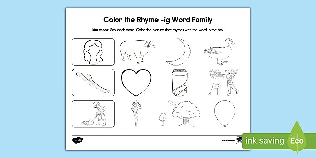 color the rhyme ig word family activity teacher made