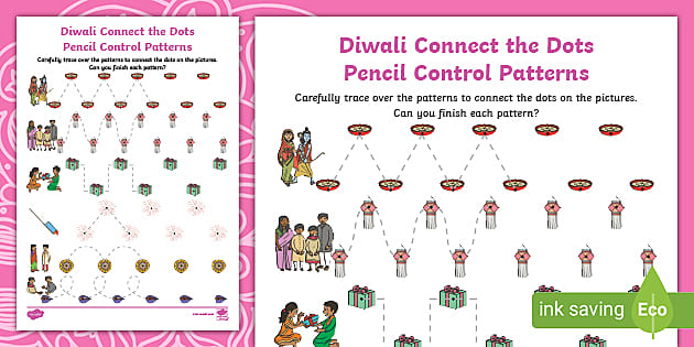 Diwali Connect the Dots Pencil Control Patterns Worksheet