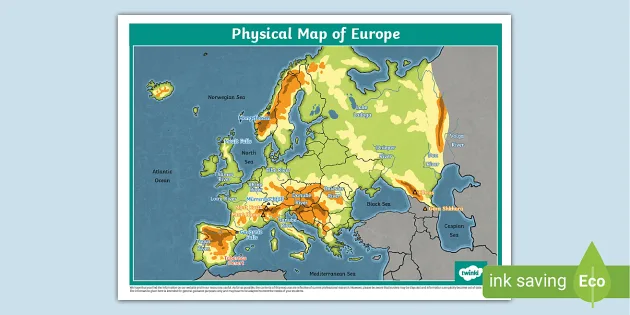 europe physical map with key