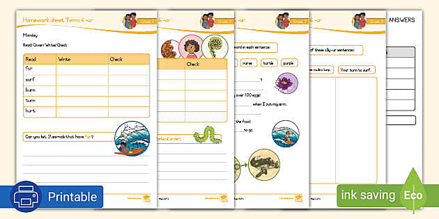 Grade 2 Phonics: -ur Homework Sheet (teacher made) - Twinkl
