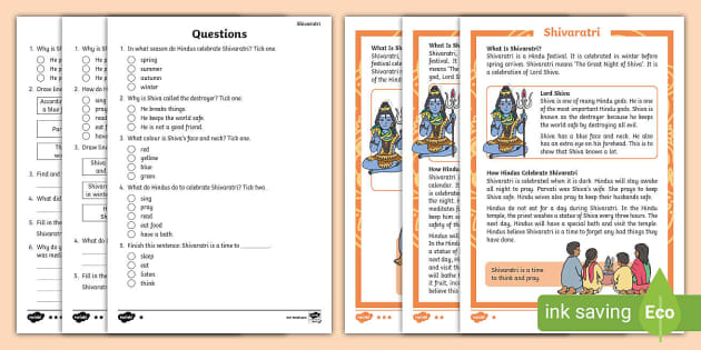 Maha Shivaratri Differentiated Reading Comprehension Activity