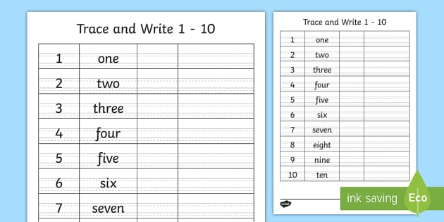 1 10 in words trace and write worksheet teacher made