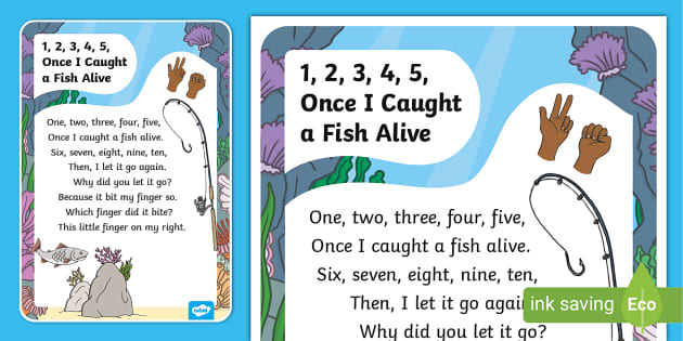 One Two Three Four Five Once I Caught a Fish Alive Colored Nursery Rhyme  Poster