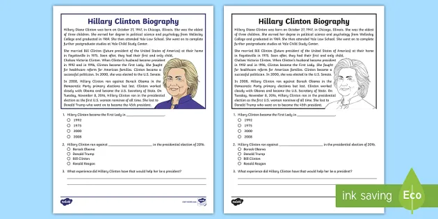 Fifth Grade Hillary Clinton Biography Reading Passage Comprehension Activity