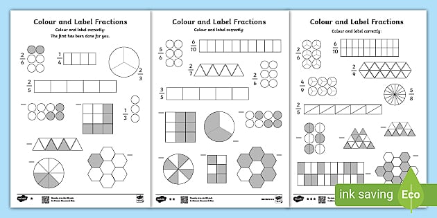 Colour and Label Simple Fractions of Shapes Worksheet