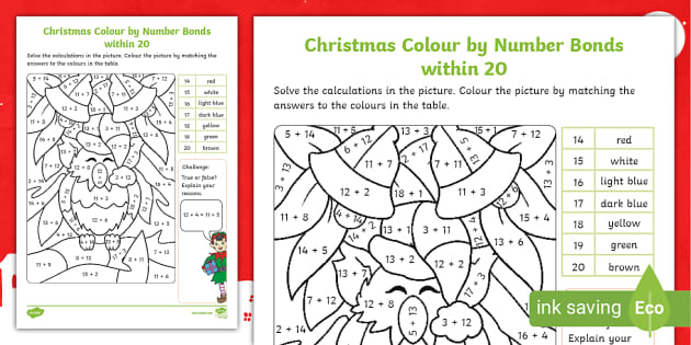 👉 Colour by Number Bonds Within 20 Christmas Worksheet