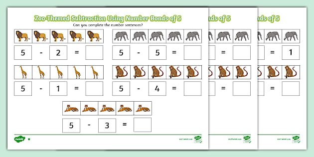 👉 Zoo-Themed Subtraction Activity | Number Bonds to 5