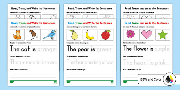 kindergarten simple Sentence Handwriting Practice | Read trace write and  color