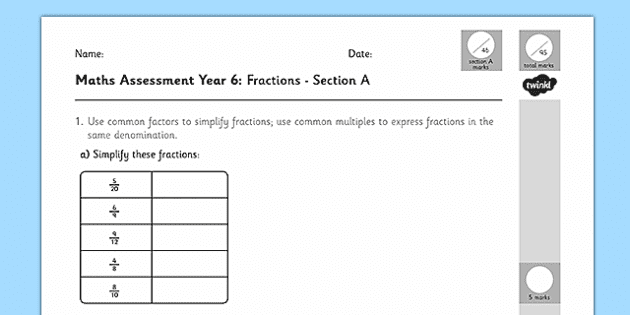 year 6 maths assessment fractions sats questions term 1