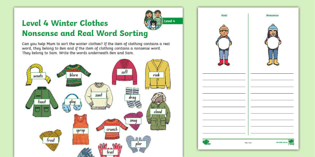 Level 4 Winter Clothes Nonsense and Real Word Sorting