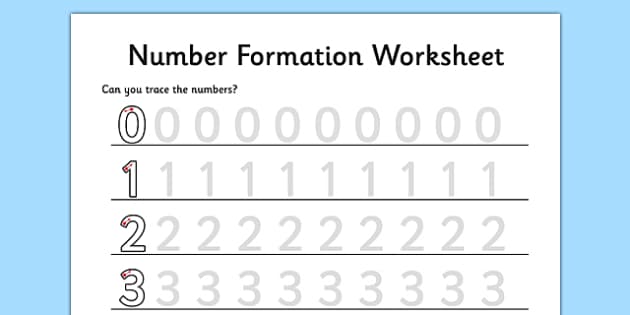 Number Formation Worksheet 0 to 9 - maths, numeracy, initial