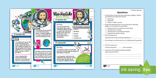 KS1 Tim Peake's Space Diary Differentiated Reading Comprehension Activity