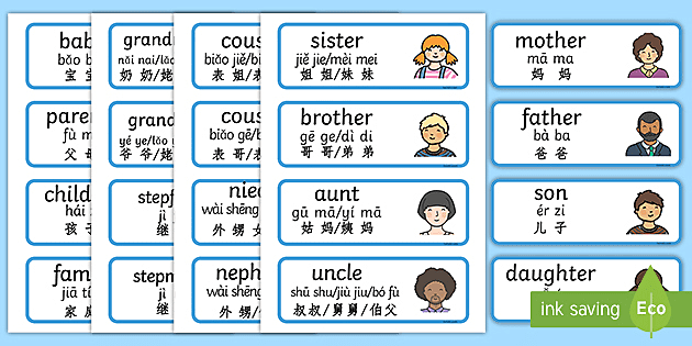 My Family Word Cards English Mandarin Chinese Pinyin My Family