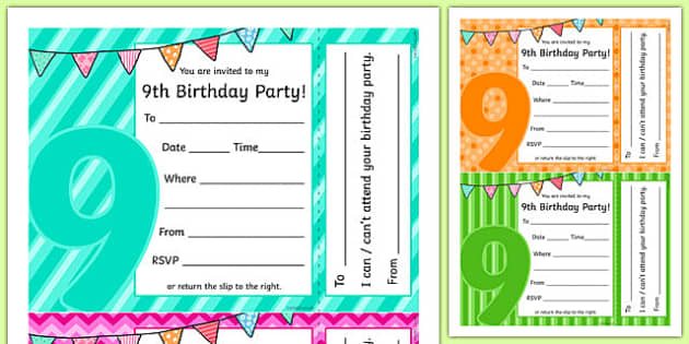 9th Birthday Party Invitations