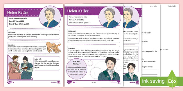 FREE KS1 Helen Keller Differentiated Reading Comprehension Activity FREE KS1 Helen Keller Differentiated Reading Comprehension Activity