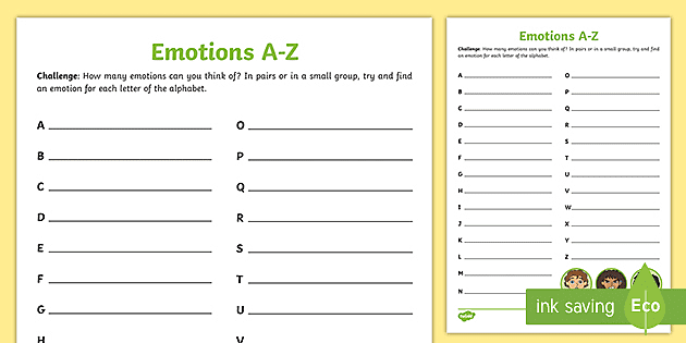 emotions a z worksheet teacher made