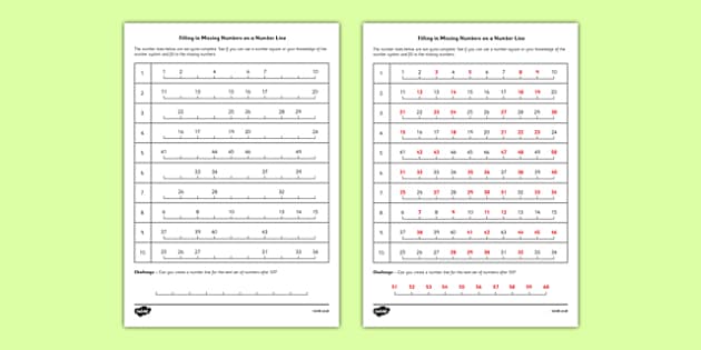 Filling In Missing Numbers on a Number Line to 50 Worksheet