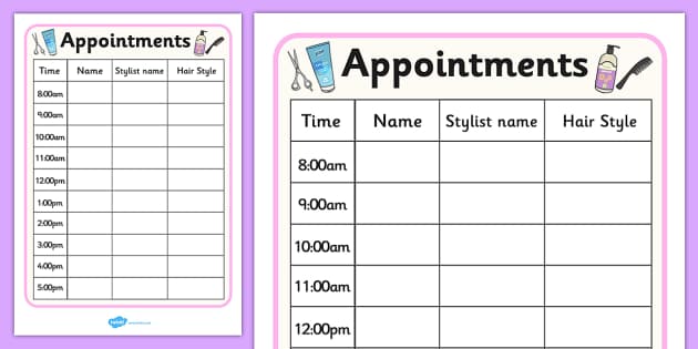 Hairdressers Role Play Appointment Sheet - Hairdresser Role