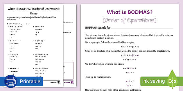 What is BODMAS? (Order of Operations) Activity Sheet