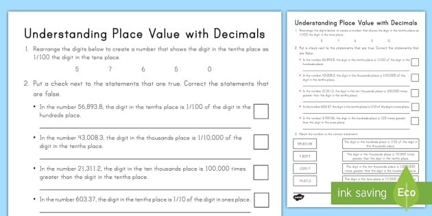 understanding place value with decimals worksheet worksheet