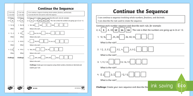 continue a sequence using whole numbers decimals and fractions differentiated