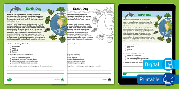 Fourth Grade Earth Day Reading Passage Comprehension Activity