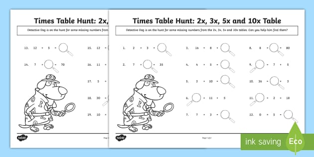 2 3 5 And 10 Times Tables Missing Numbers Worksheet