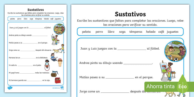 Ficha de actividad: Oraciones incompletas para primaria - Sustantivos