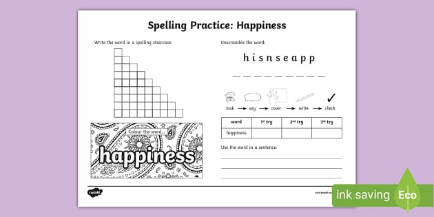 Happiness Spelling Practice Worksheet (teacher Made)