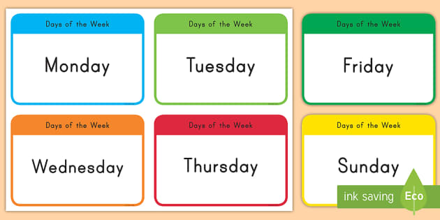 Educational Cards ELFS - Days Of The Week Flashcards rounded corners 