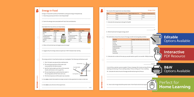 energy in food worksheet ks3 physics beyond