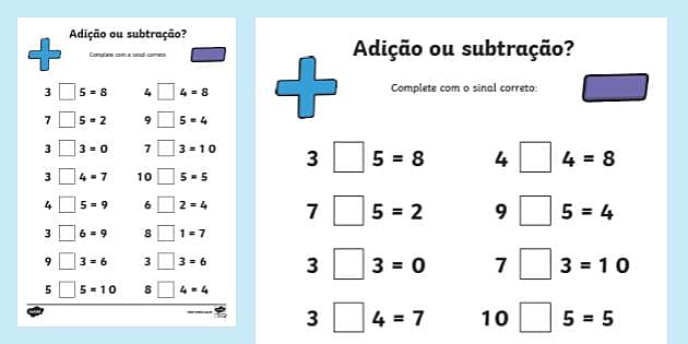 Jogo de matemática infantil subtração e adição de números página