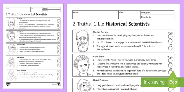 2 Truths, 1 Lie Historical Scientists Homework Worksheet ...