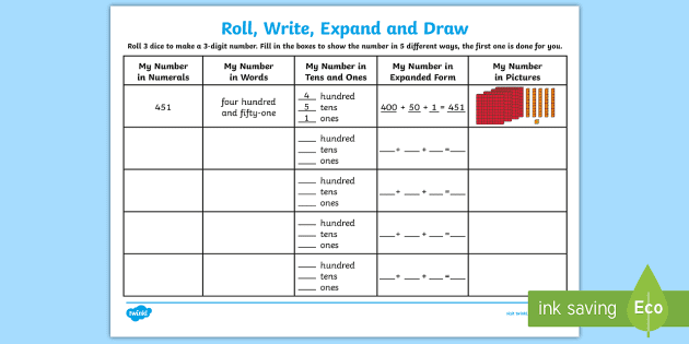 Roll Write Expand Draw 3 Digits Game