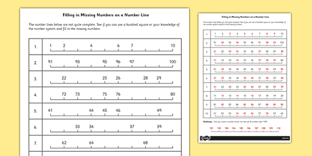 filling in missing numbers on a number line worksheet