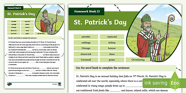 Cloze Procedure Homework Week 23 St. Patrick's Day 3rd/4th Class