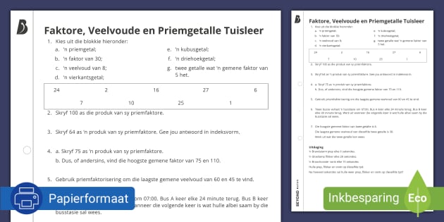 Faktore, Veelvoude En Priemgetalle Werkkaart (teacher Made)