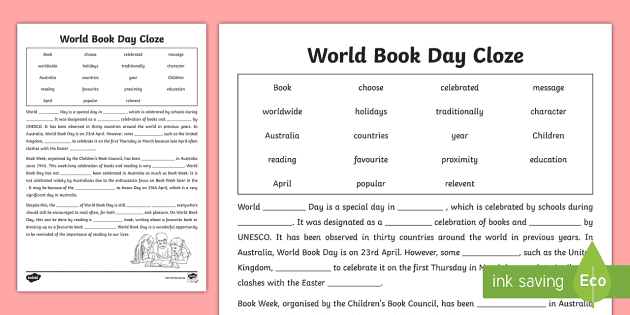 world book day cloze worksheet easy to print