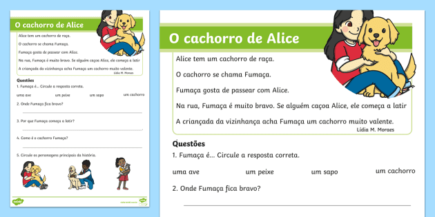 FREE! - O cachorro de Alice - Atividade de compreensão de texto