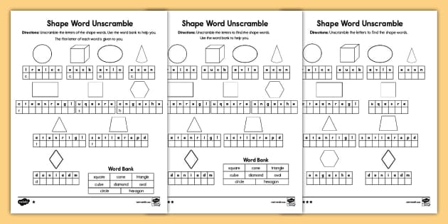 Second Grade Shape Word Scramble Differentiated Activity