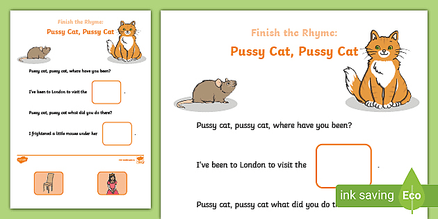 Kidz Pre Tiny Little Pussy - Finish the Rhyme: Pussy Cat, Pussy Cat Worksheet - Twinkl